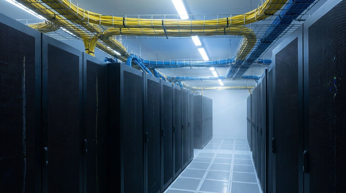 Data center cold aisle with overhead cable tray carrying yellow fiber and blue copper trunks between server cabinets