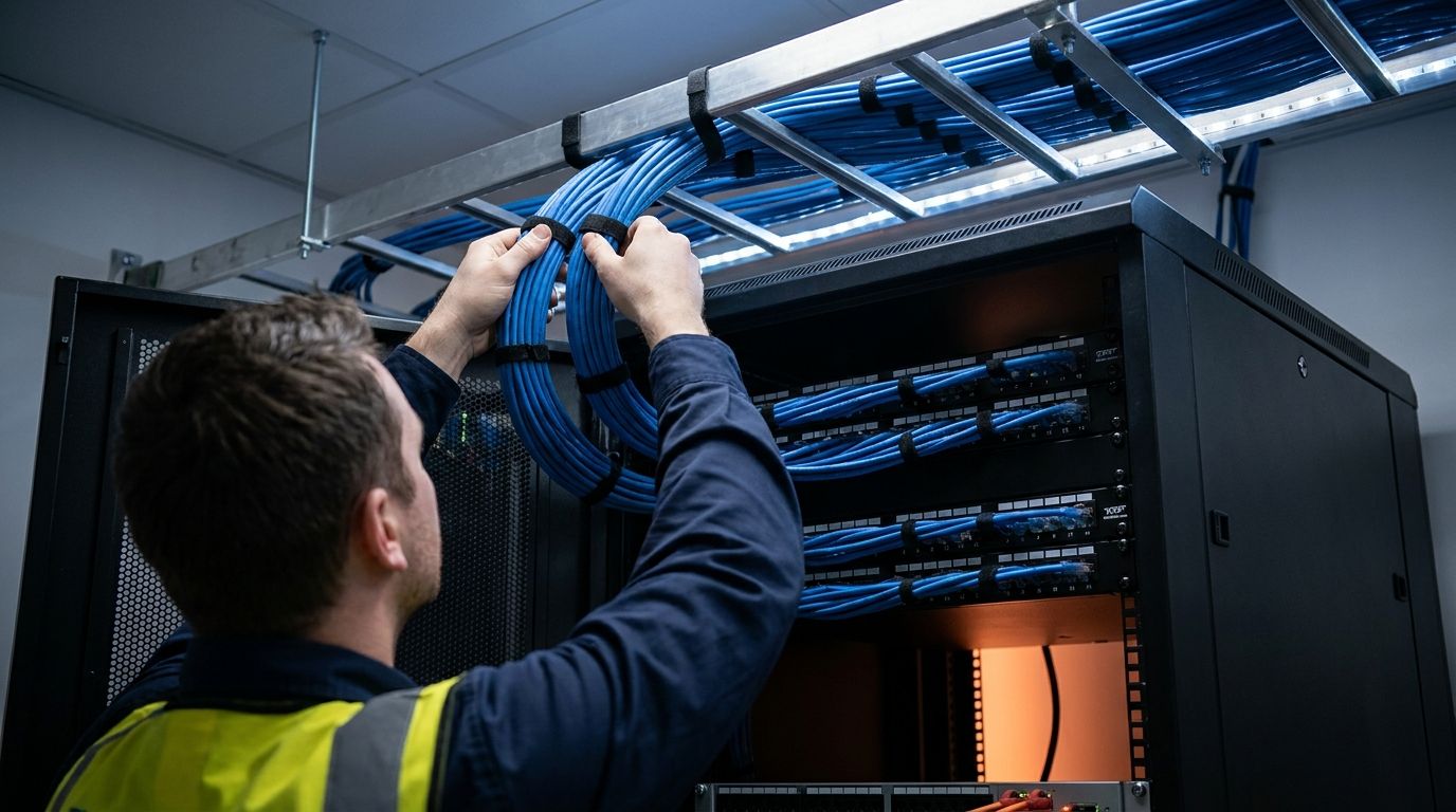 Technician dressing blue Cat6 cable bundles into ladder rack above a network rack in an office IDF closet